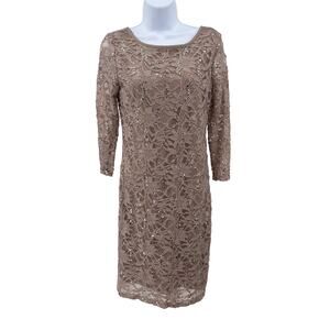 Davids Bridal Taupe 3/4 Sleeve Lace Dress Onyx Nite Women's 4 Short Dress Formal